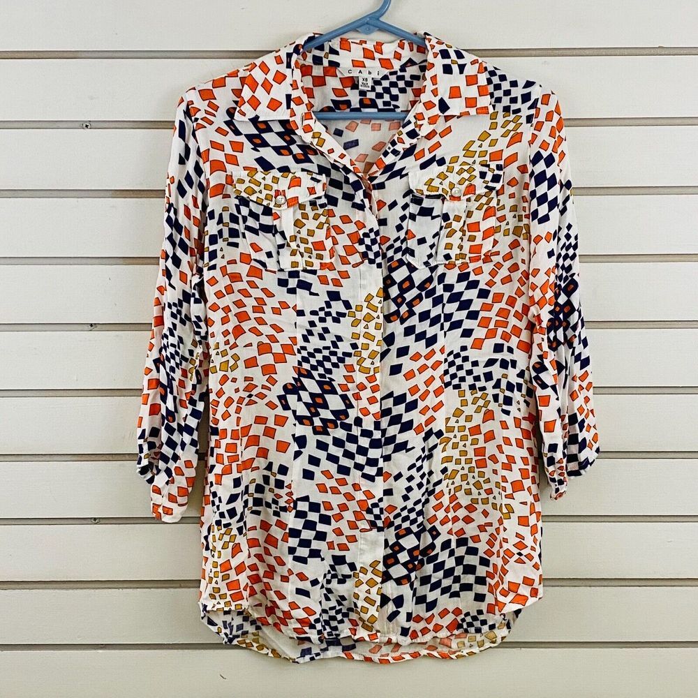 Womens XS CAbi Grand Prix Button Down Blouse Geometric Print Purple Orange White